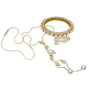 Gold/Rhinestone Floral+Pearl Drop Lariat Necklace & Gold+Pearl Bangle